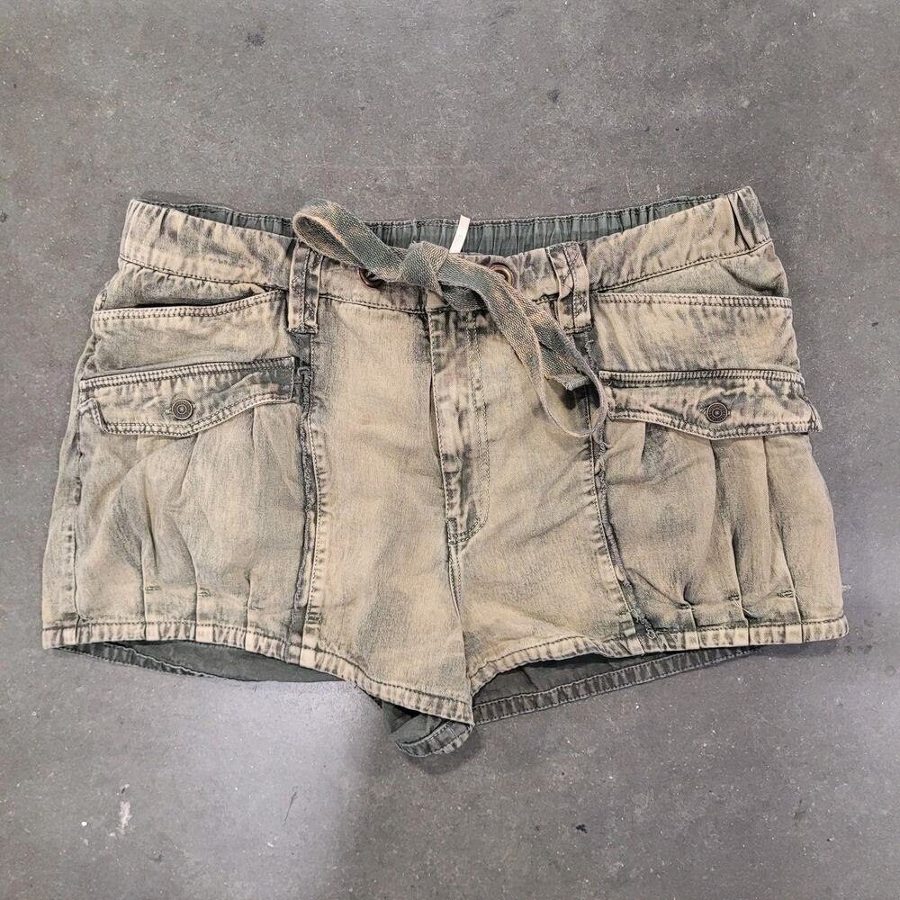 Free People Shorts Large Beige Green Cargo Mini Utility Pockets Drawstring Boho